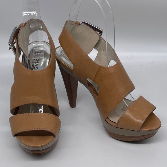 Michael Michael Kors Carla Platform Vachetta Brown Tan Sandals Heels SZ 6.5 - Picture 1 of 11